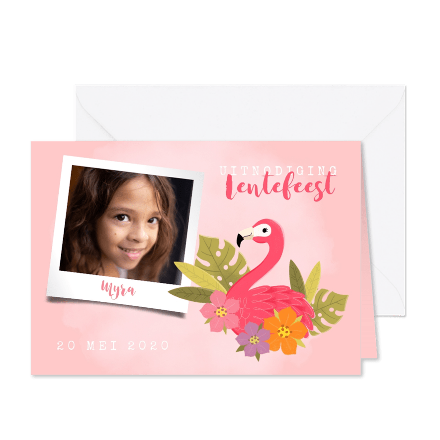 Uitnodiging lentefeest met flamingo, bloemen en foto - Kaartimpressie