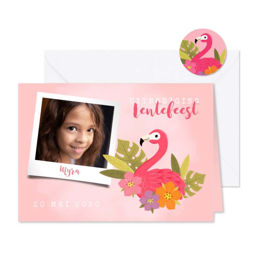 Uitnodiging lentefeest met flamingo, bloemen en foto - Kaartimpressie
