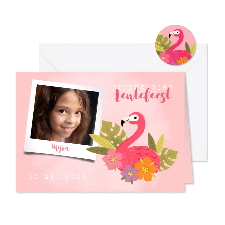 Uitnodiging lentefeest met flamingo, bloemen en foto - Kaartimpressie