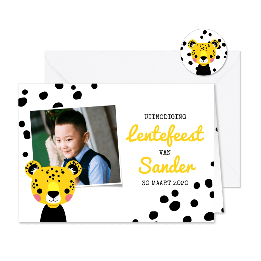 Uitnodiging lentefeest met luipaard, stippen en foto - Kaartimpressie