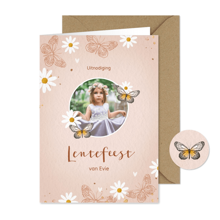 Uitnodiging lentefeest met vlinders en bloemen - Kaartimpressie