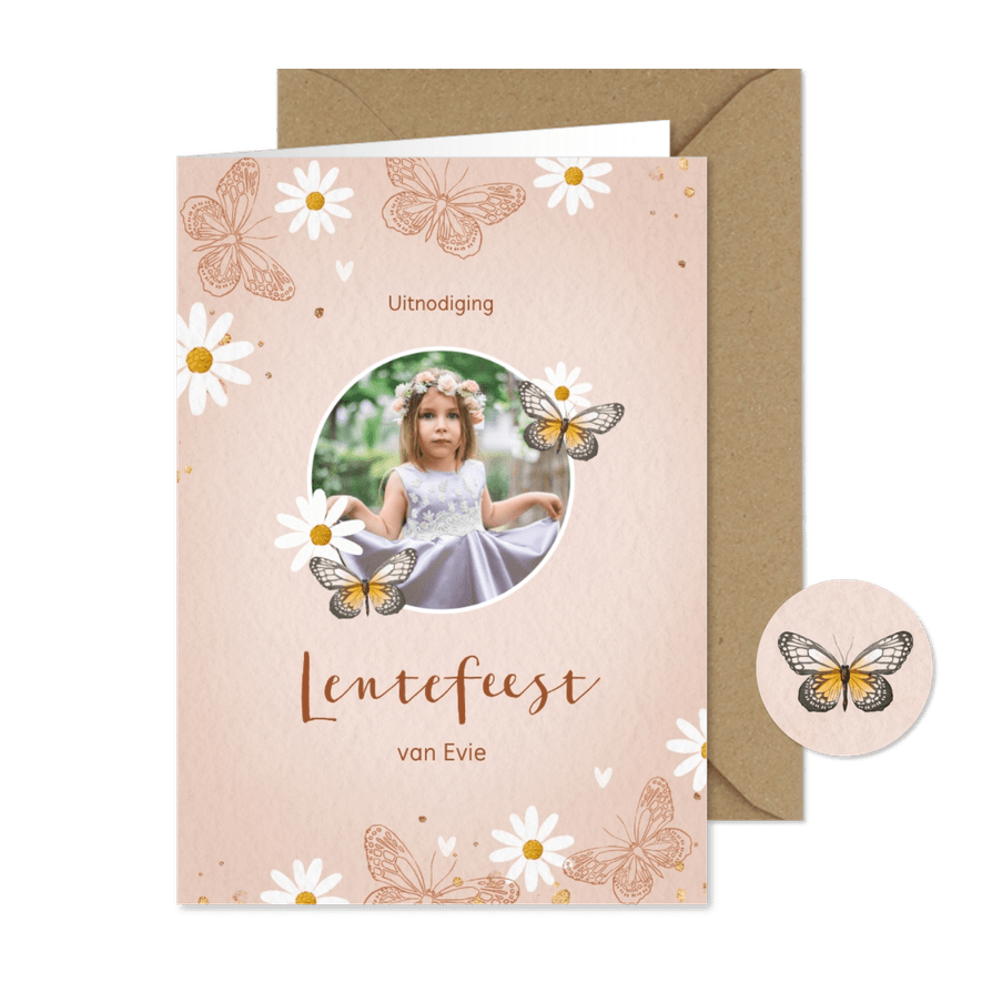 Uitnodiging lentefeest met vlinders en bloemen - Kaartimpressie