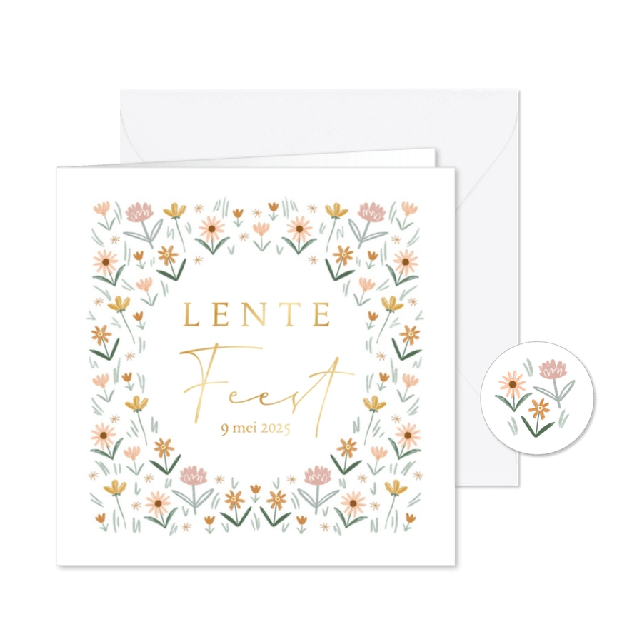 Uitnodiging lentefeest met vrolijke bloemen en goudfolie - Kaartimpressie