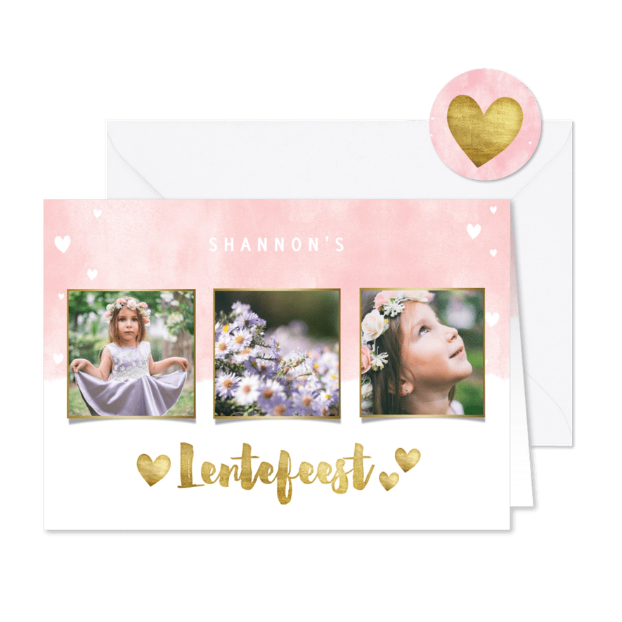 Uitnodiging lentefeest met waterverf, hartjes en foto's - Kaartimpressie
