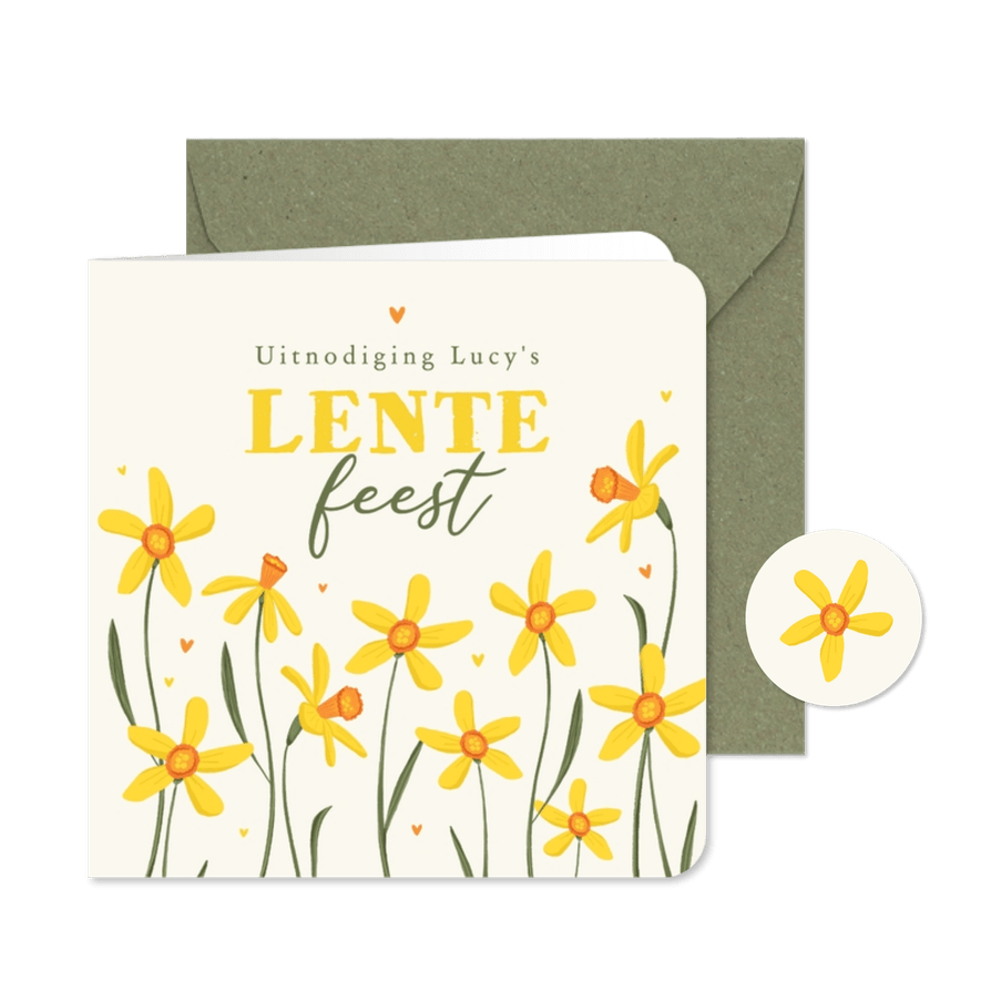 Uitnodiging lentefeest narcissen bloemen geel vrolijk - Kaartimpressie