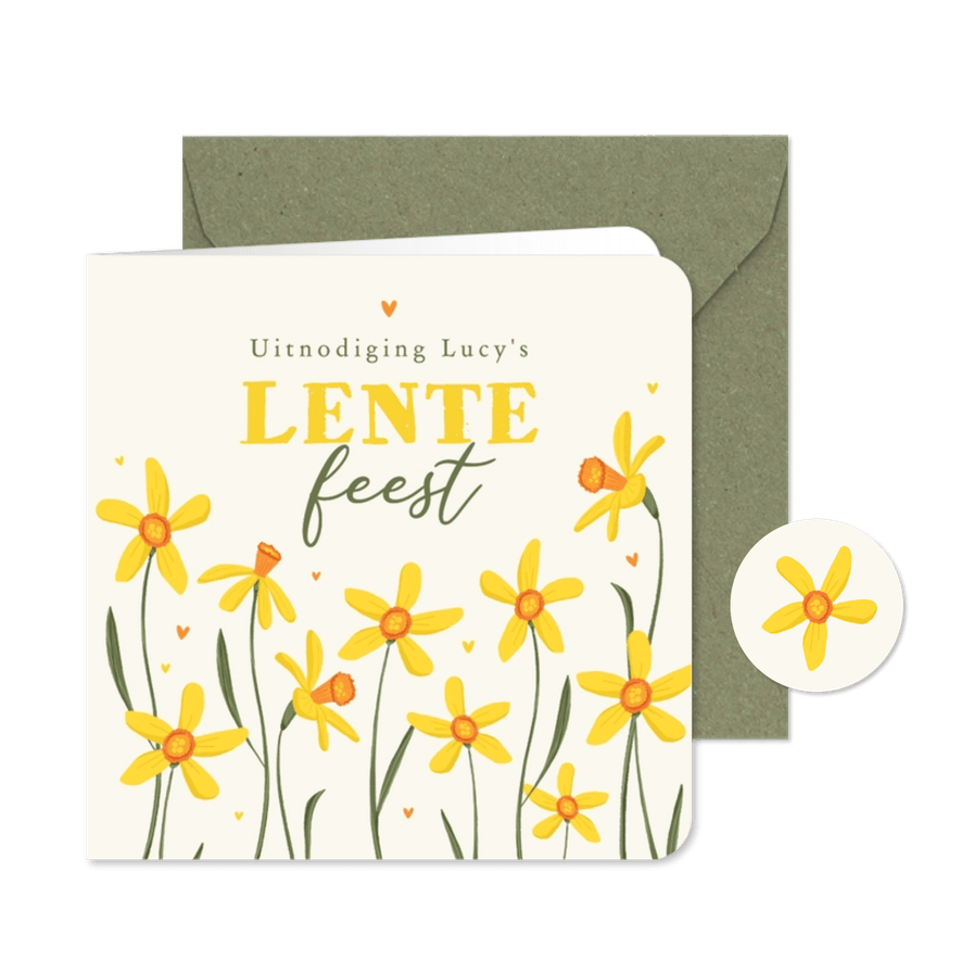 Uitnodiging lentefeest narcissen bloemen geel vrolijk - Kaartimpressie