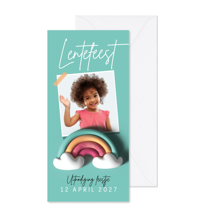 Uitnodiging lentefeest regenboog feestje foto ballon foto - Kaartimpressie