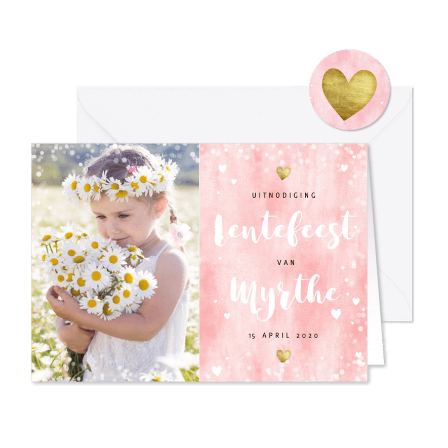 Uitnodiging lentefeest roze waterverf gouden hartjes en foto - Kaartimpressie