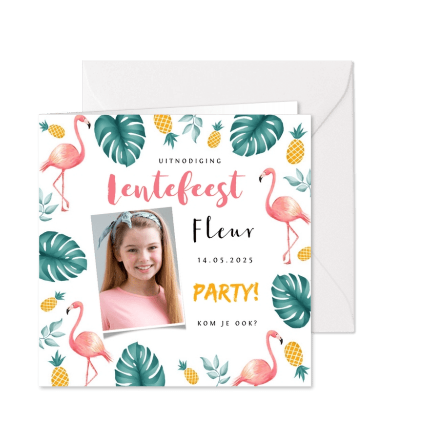 Uitnodiging lentefeest tropical hawaii flamingo ananas - Kaartimpressie