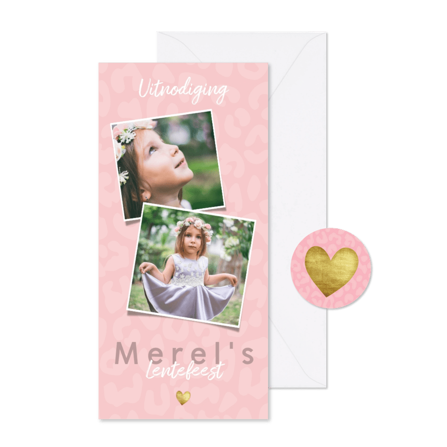Uitnodiging lentefeest voor meisje met panterprint en hartje - Kaartimpressie