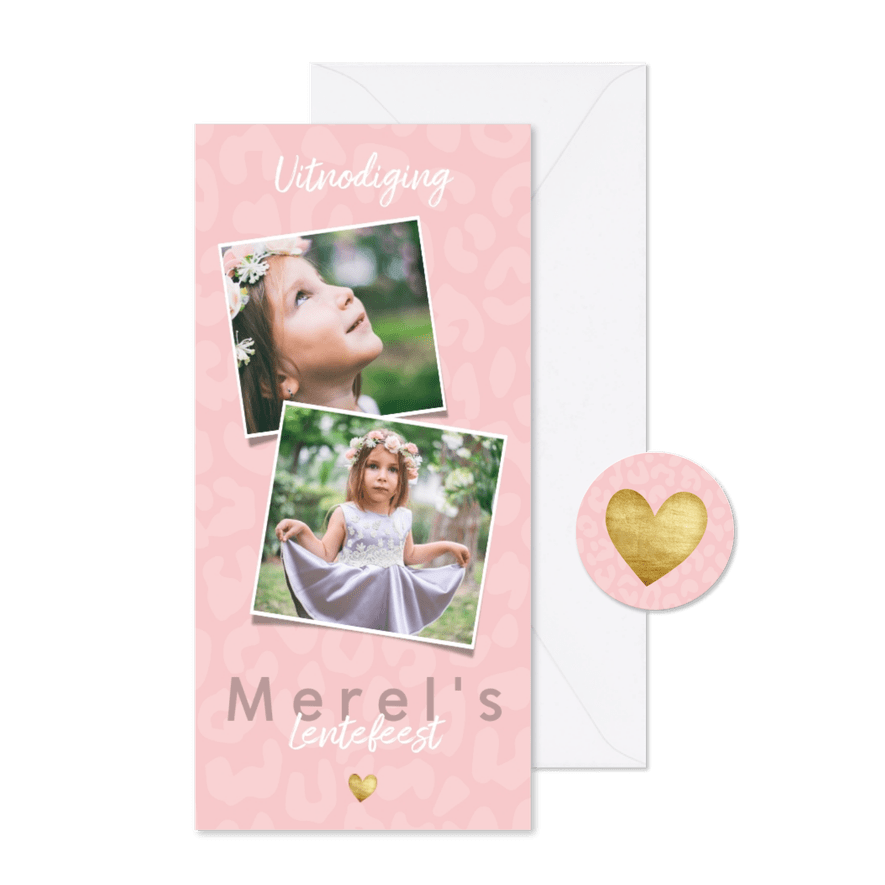 Uitnodiging lentefeest voor meisje met panterprint en hartje - Kaartimpressie
