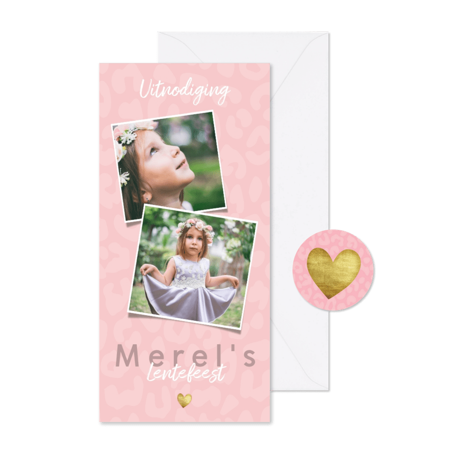 Uitnodiging lentefeest voor meisje met panterprint en hartje - Kaartimpressie