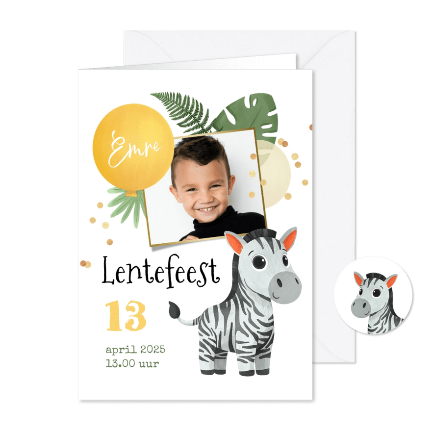 Uitnodiging lentefeest zebra jungle confetti ballonnen foto - Kaartimpressie