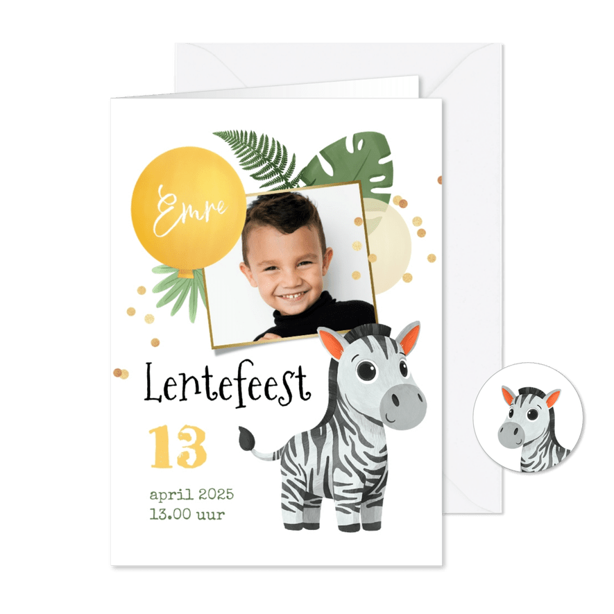 Uitnodiging lentefeest zebra jungle confetti ballonnen foto - Kaartimpressie