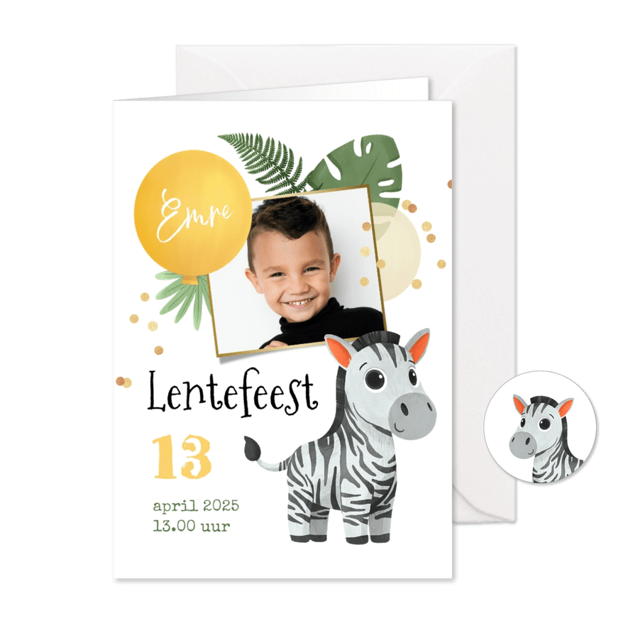 Uitnodiging lentefeest zebra jungle confetti ballonnen foto - Kaartimpressie