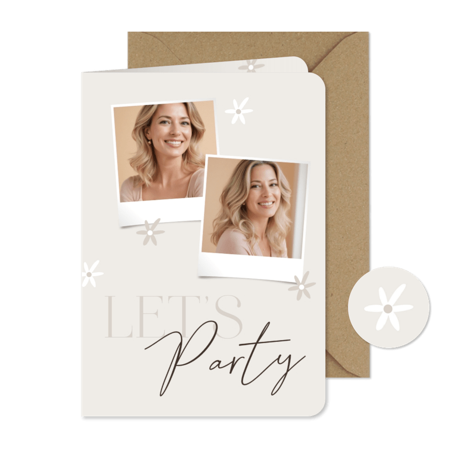 Uitnodiging let's party grijs beige bloemen en twee foto's - Kaartimpressie