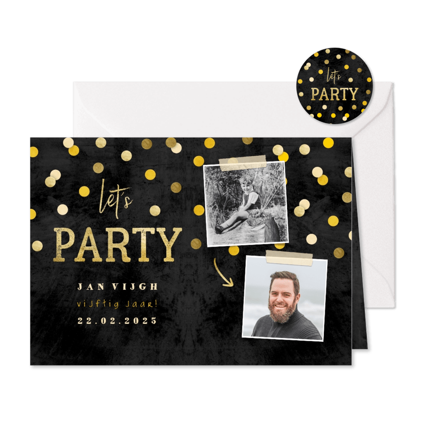 Uitnodiging 'let's party' krijtbord met foto's en confetti - Kaartimpressie