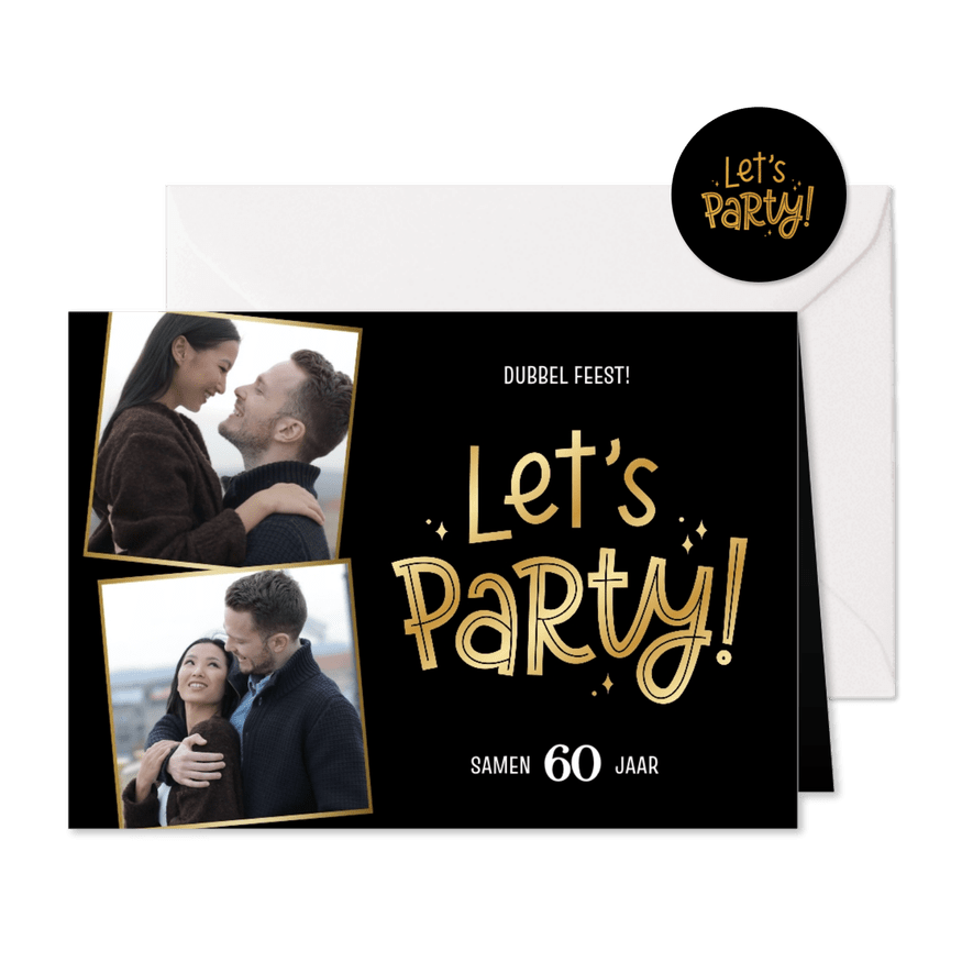 Uitnodiging let's party met goudfolie en foto's - Kaartimpressie