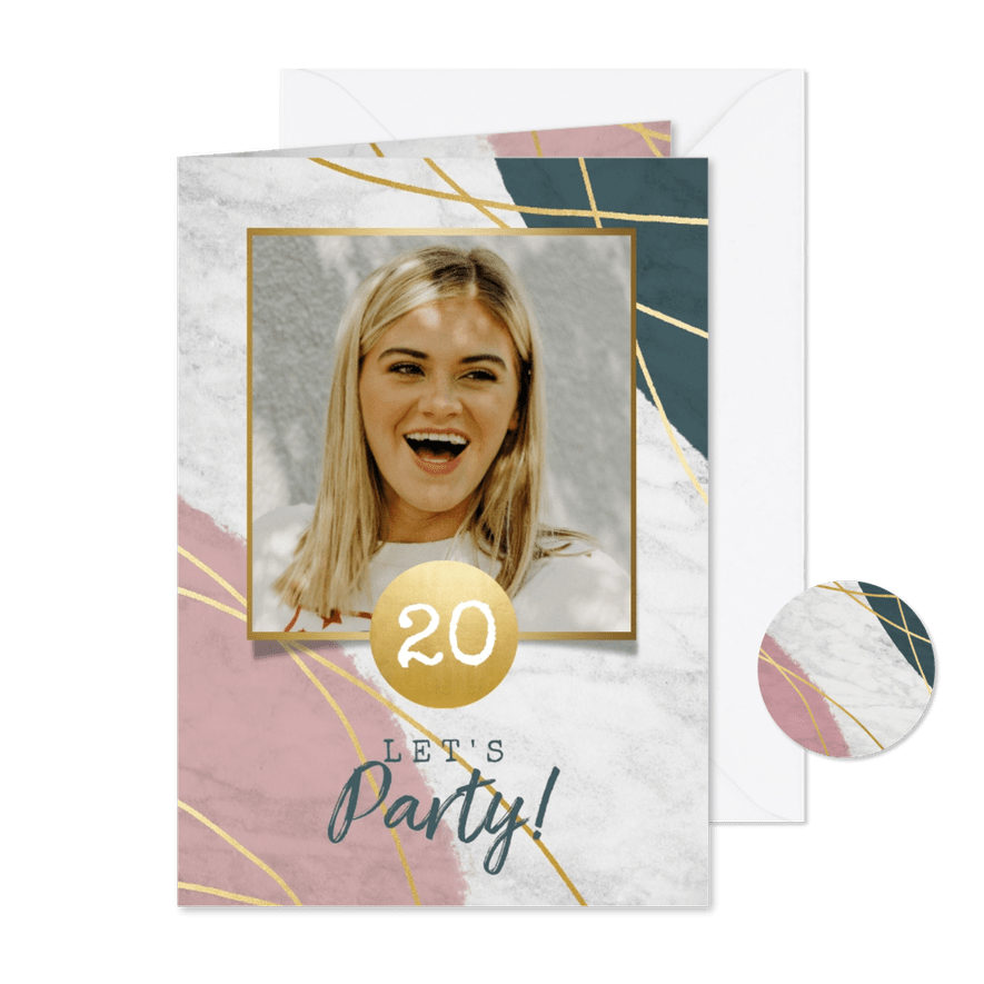 Uitnodiging 'Let's Party' met marmer, verf en gouden lijnen - Kaartimpressie