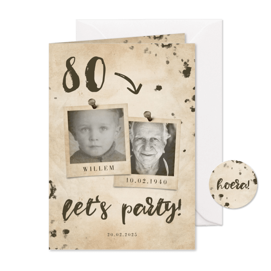 Uitnodiging 'let's party' vintage met leeftijd en foto's - Kaartimpressie