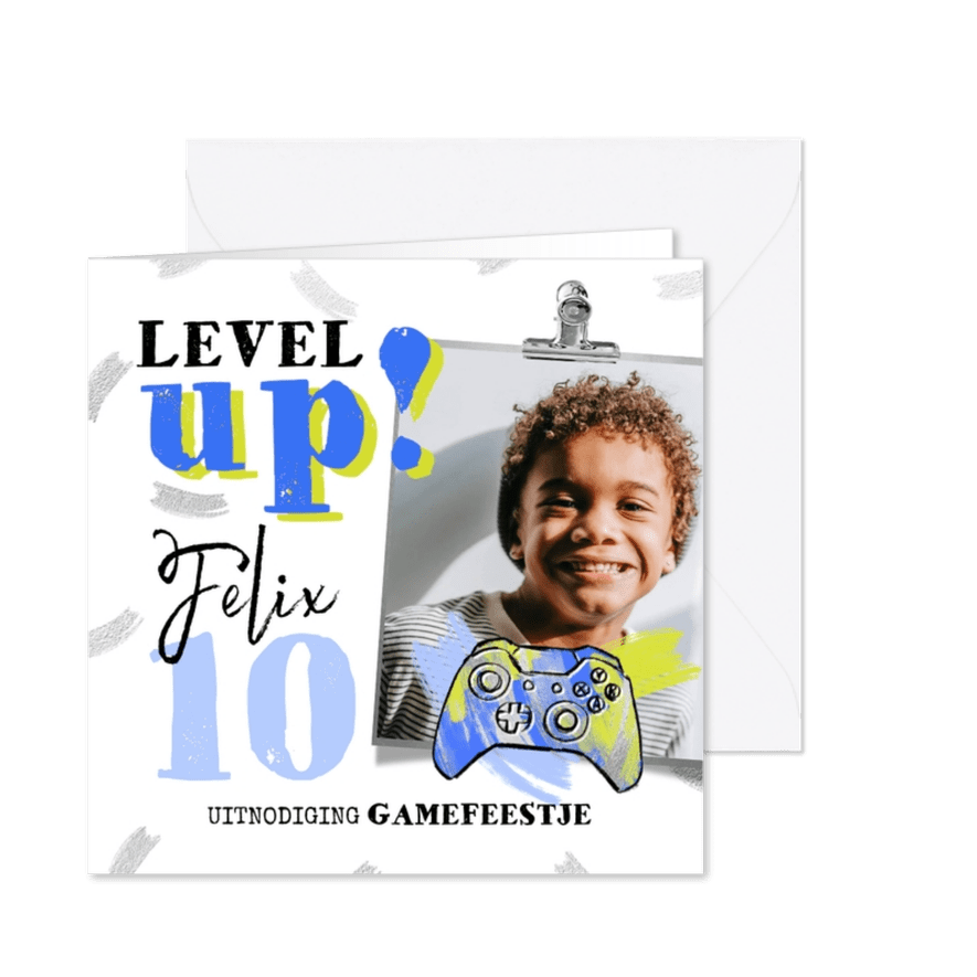 Uitnodiging 'Level Up!' gamefeestje zilver gameconsole foto - Kaartimpressie
