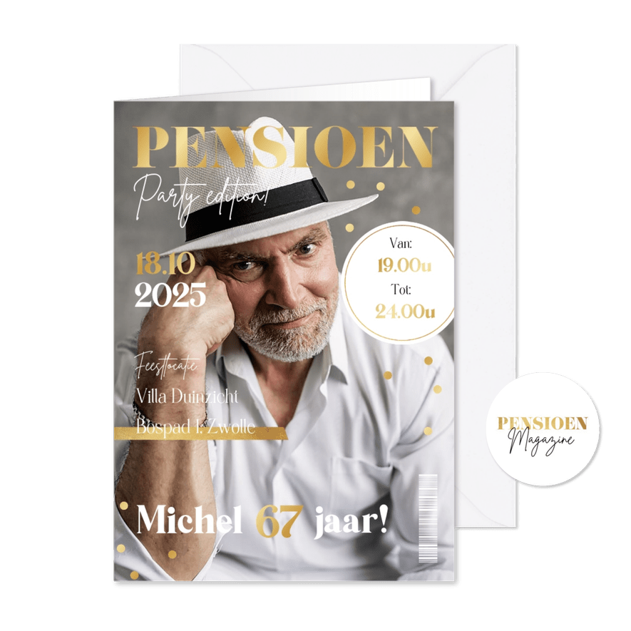 Uitnodiging magazine cover pensioenfeest goud party confetti - Kaartimpressie