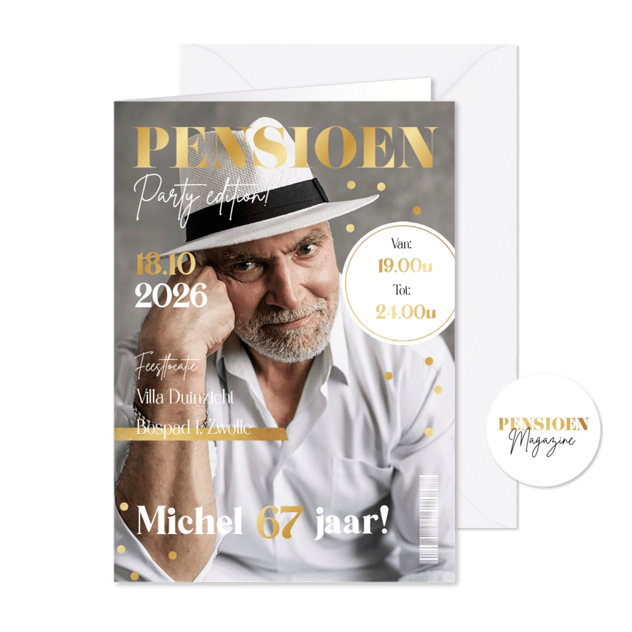 Uitnodiging magazine cover pensioenfeest goud party confetti - Kaartimpressie