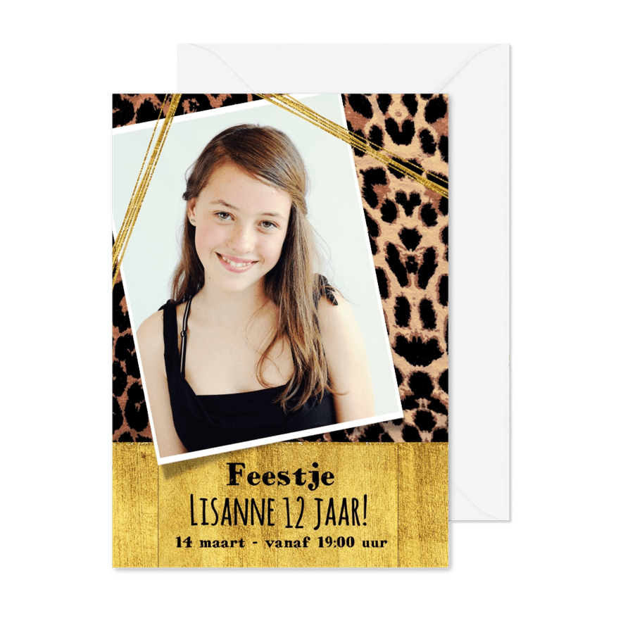 Uitnodiging meiden feest stoere foto kaart met panterprint - Kaartimpressie