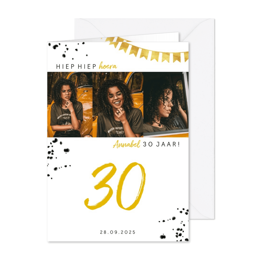 Uitnodiging met 3 foto's en gouden accenten - Kaartimpressie
