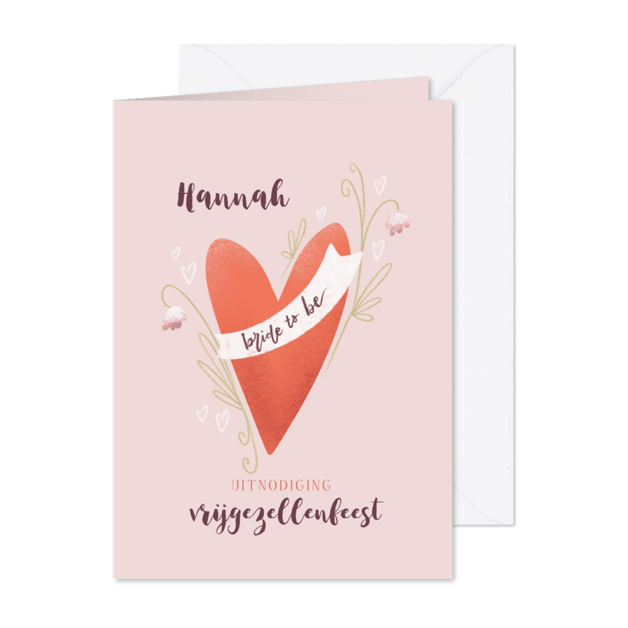 Uitnodiging met bride to be hart voor vrijgezellenfeestje - Kaartimpressie