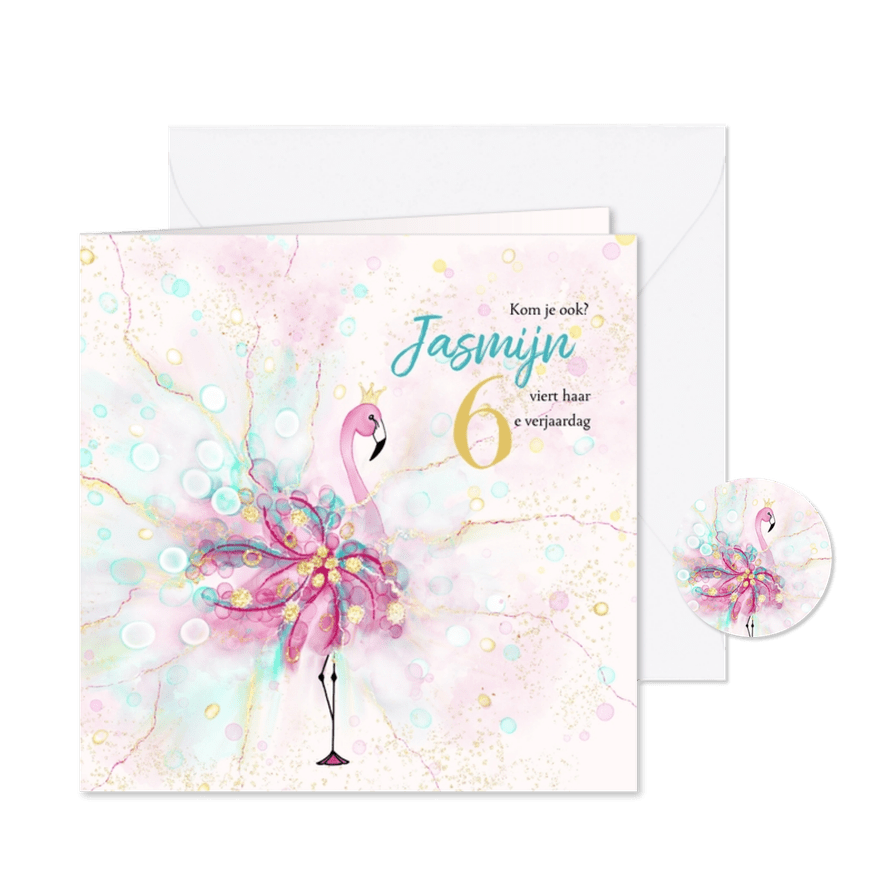 Uitnodiging met flamingo met confetti - Kaartimpressie