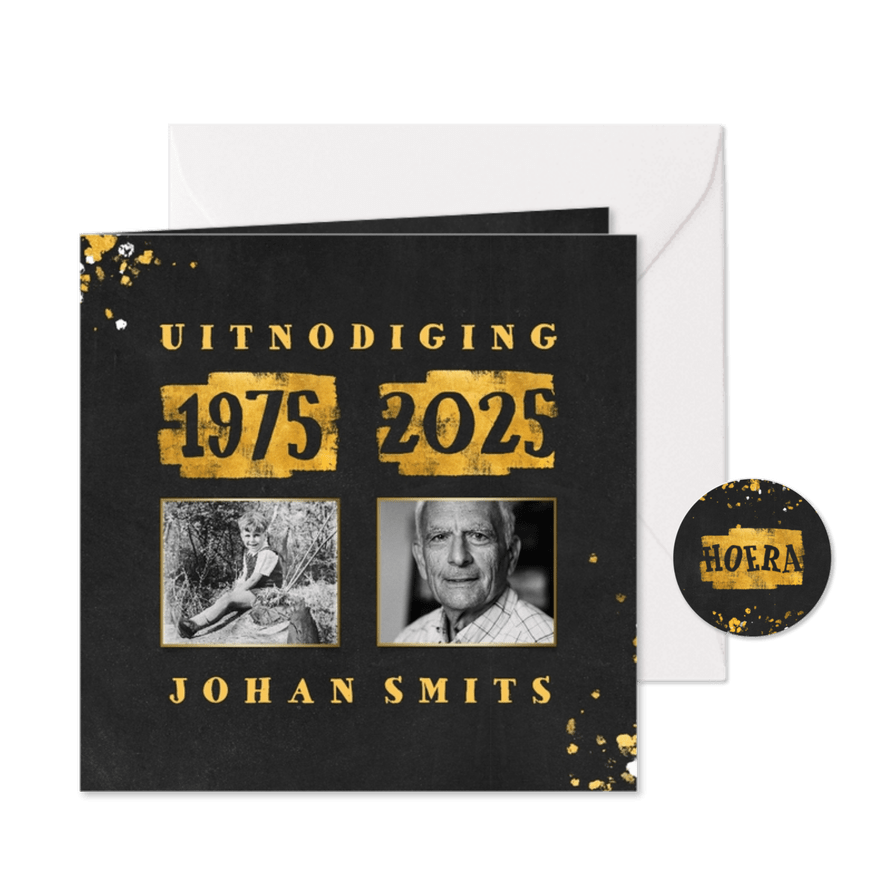 Uitnodiging met foto en goudlook 1975/2025 - Kaartimpressie