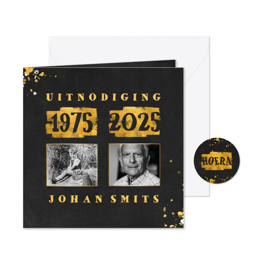 Uitnodiging met foto en goudlook 1975/2025 - Kaartimpressie