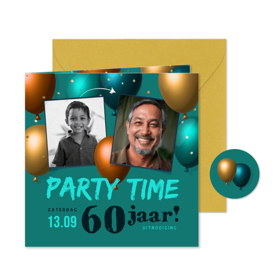 Uitnodiging met foto's en kleurrijke trendy 3d ballonnen - Kaartimpressie