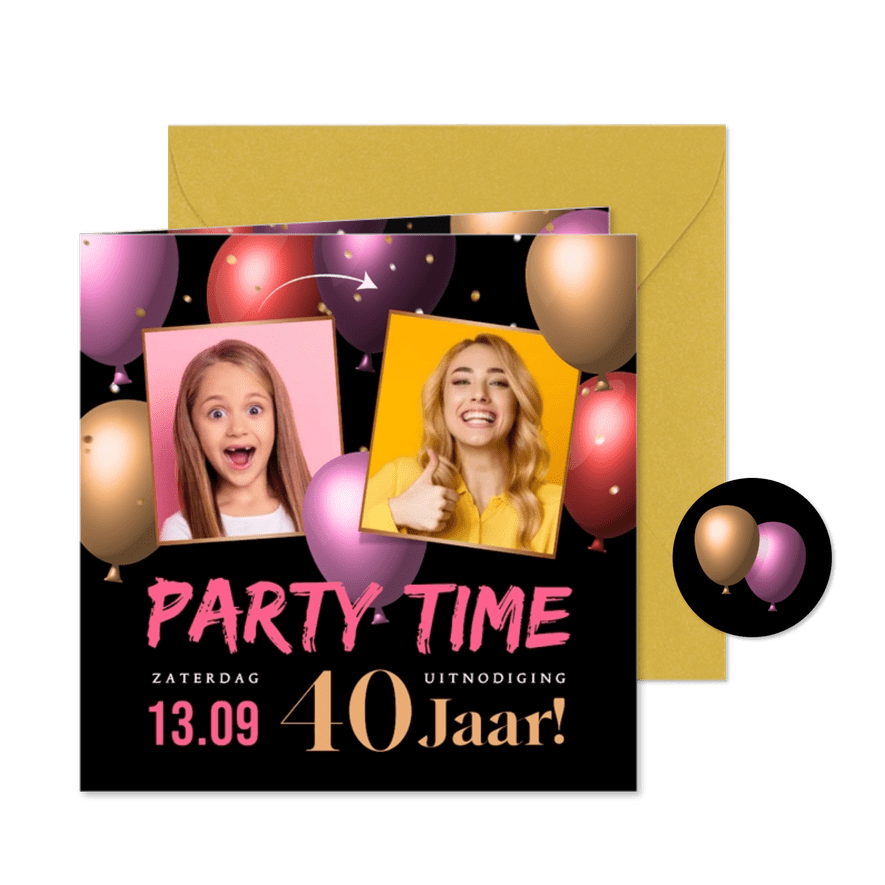 Uitnodiging met foto's en trendy kleurrijke 3d ballonnen - Kaartimpressie