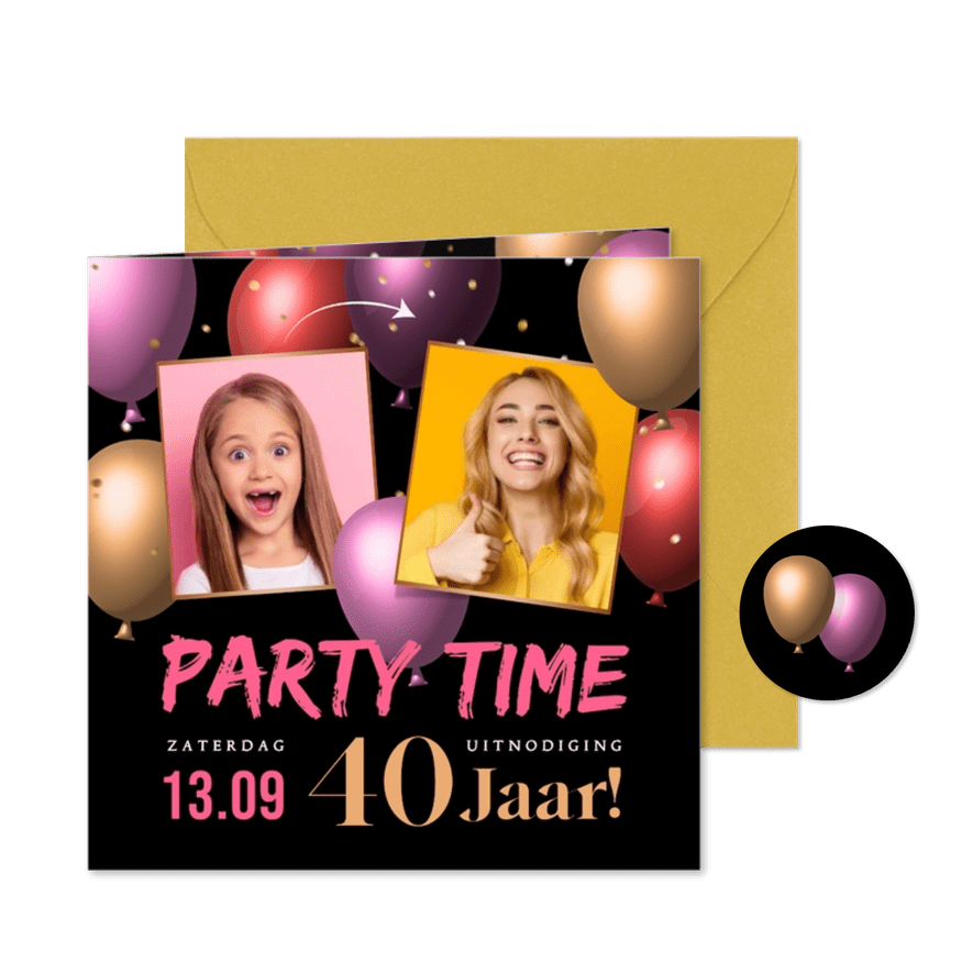 Uitnodiging met foto's en trendy kleurrijke 3d ballonnen - Kaartimpressie