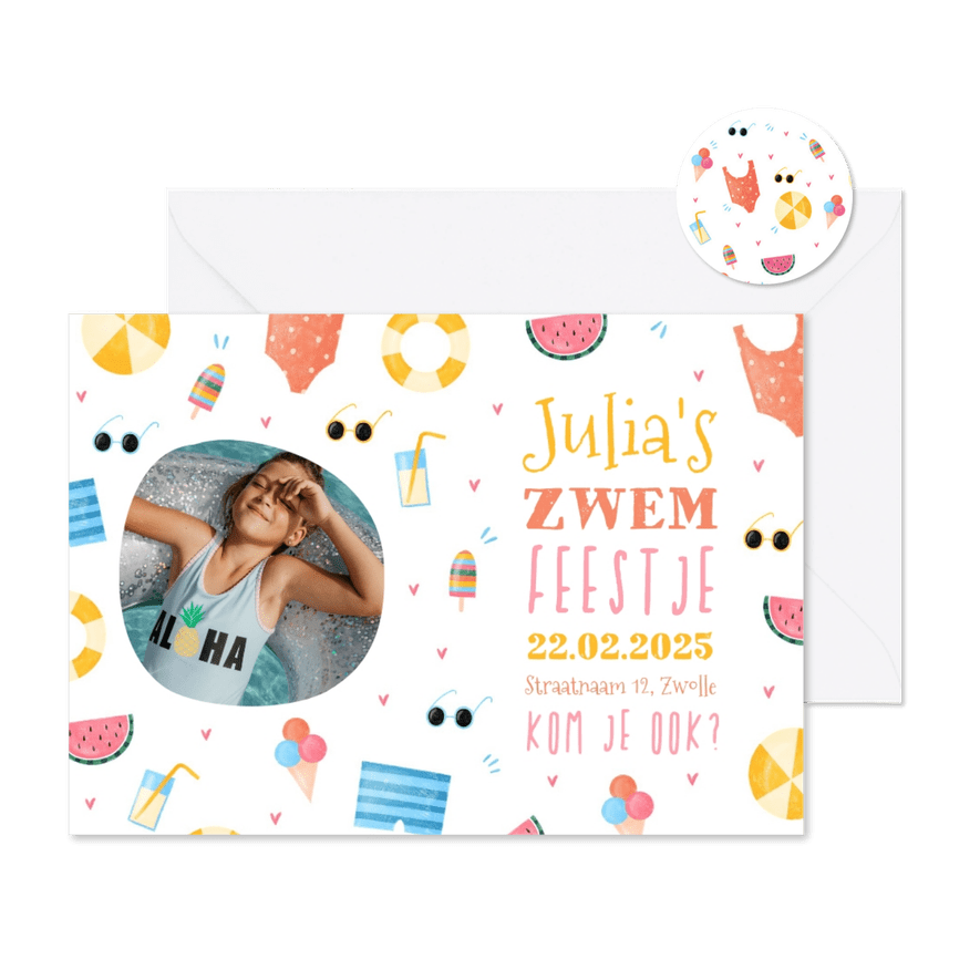 Uitnodiging met foto tropisch zomer zwemfeestje - Kaartimpressie