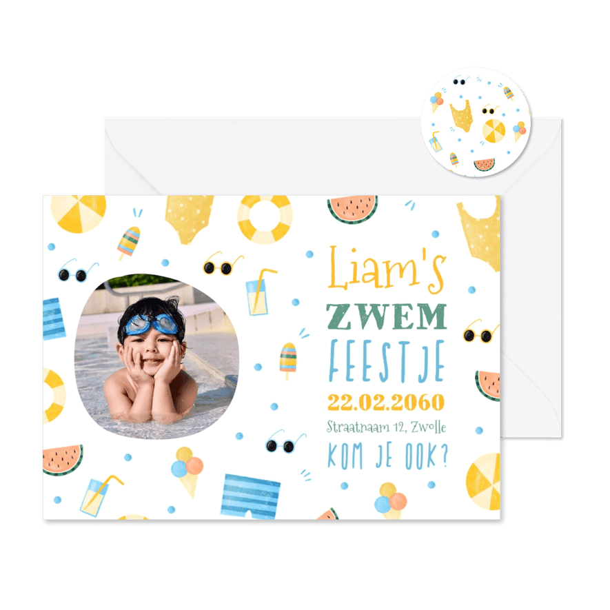Uitnodiging met foto zomer zwemfeestje tropisch - Kaartimpressie