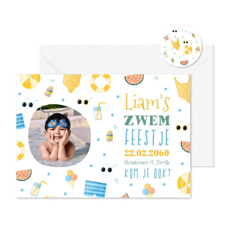 Uitnodiging met foto zomer zwemfeestje tropisch - Kaartimpressie