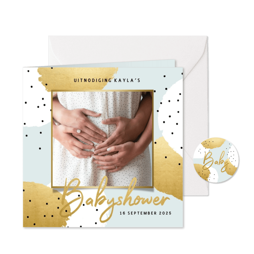 Uitnodiging met goud en zwarte stipjes voor je babyshower - Kaartimpressie