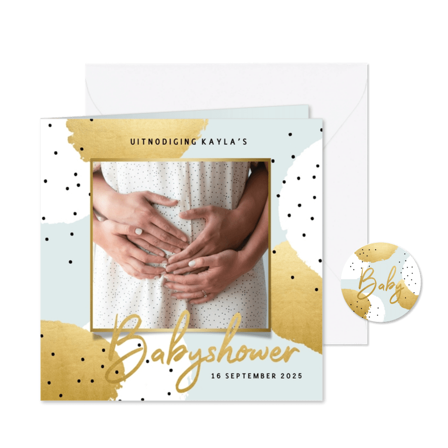 Uitnodiging met goud en zwarte stipjes voor je babyshower - Kaartimpressie