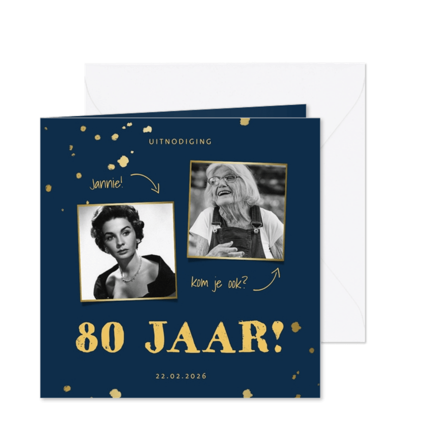 Uitnodiging met gouden confetti en aanpasbare kleur - Kaartimpressie