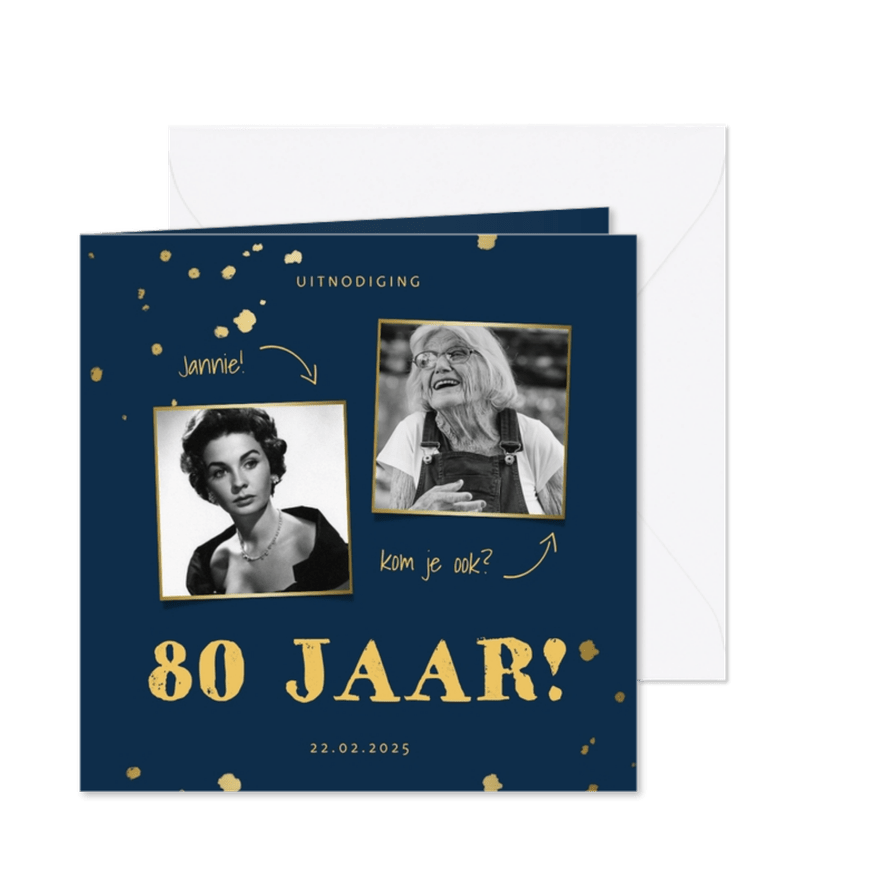 Uitnodiging met gouden confetti en aanpasbare kleur - Kaartimpressie