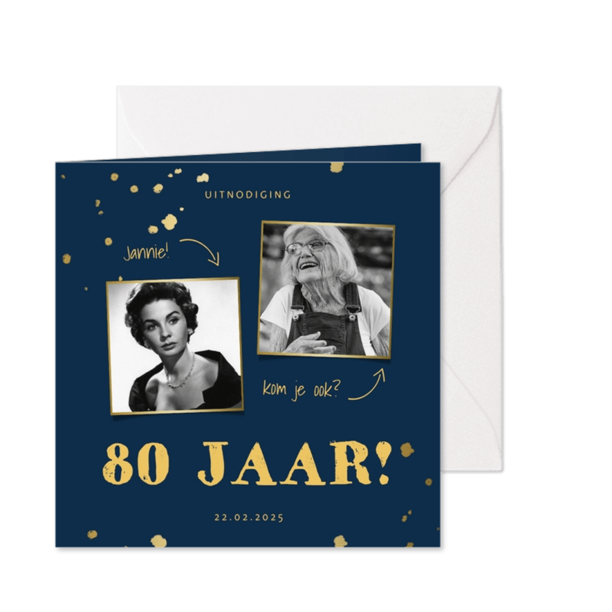 Uitnodiging met gouden confetti en aanpasbare kleur - Kaartimpressie