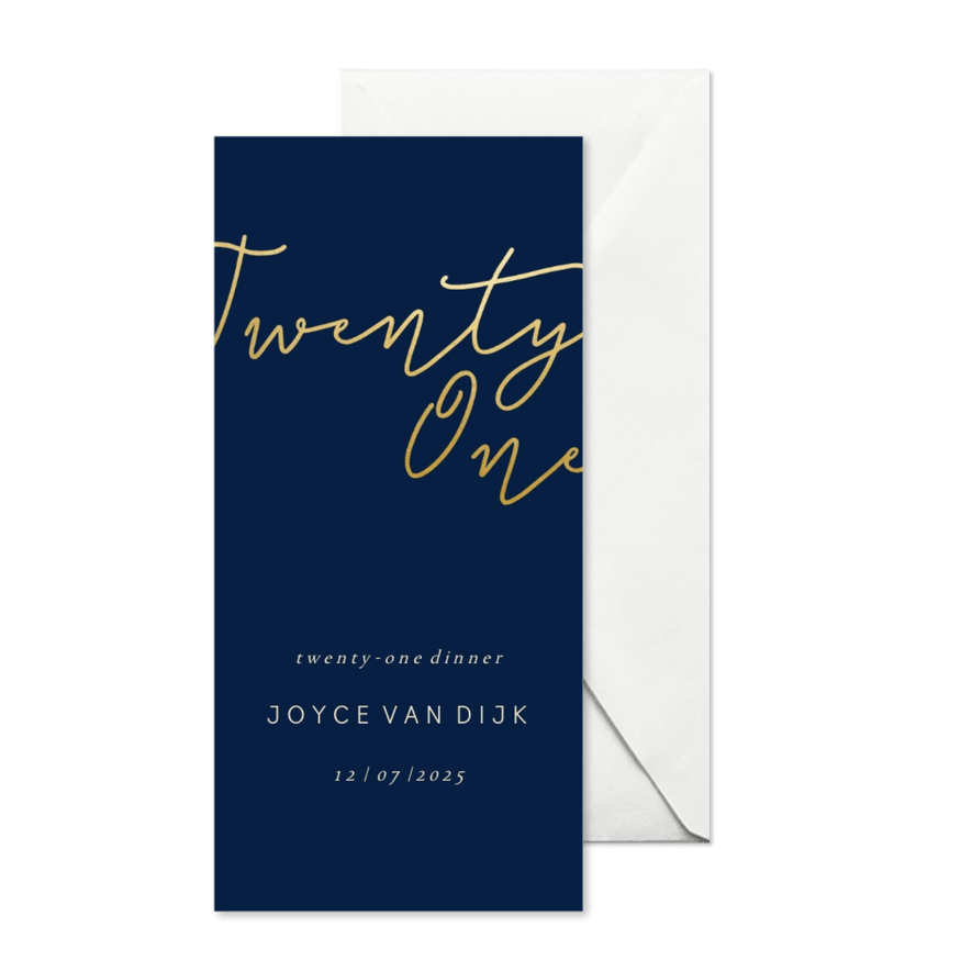 Uitnodiging met gouden 'Twenty One' langwerpig - Kaartimpressie