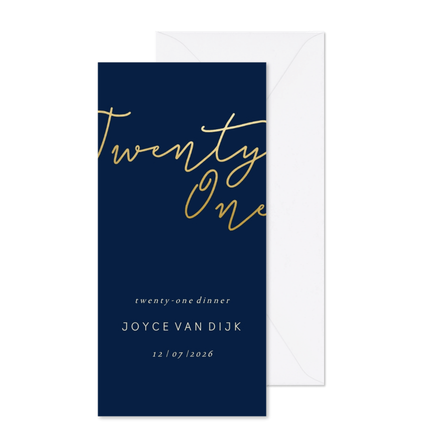 Uitnodiging met gouden 'Twenty One' langwerpig - Kaartimpressie