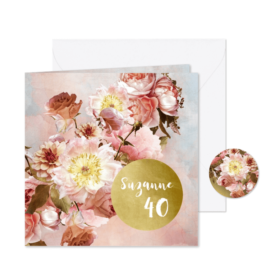 Uitnodiging met klassiek bloem boeket roze - Kaartimpressie