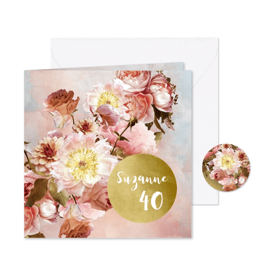 Uitnodiging met klassiek bloem boeket roze - Kaartimpressie