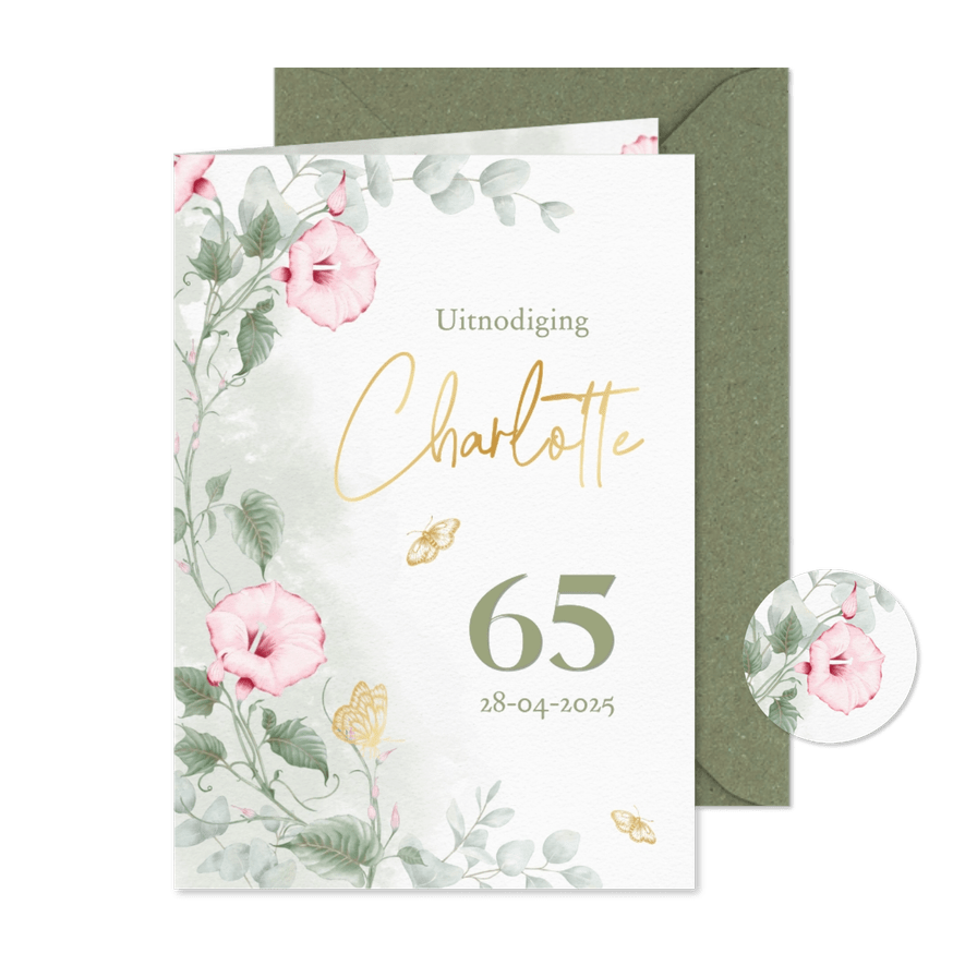 Uitnodiging met klokwinde en eucalyptus - Kaartimpressie