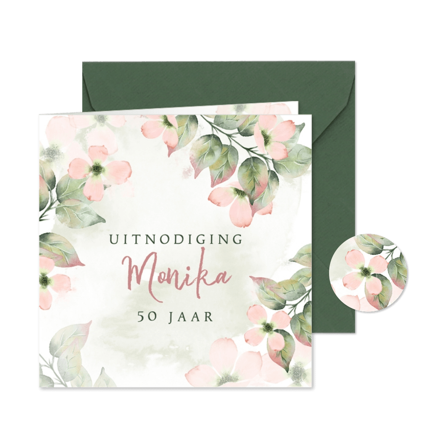 Uitnodiging met roze bloemen in waterverf met foto - Kaartimpressie